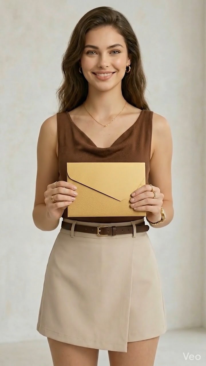 Modelo segurando envelope kraft